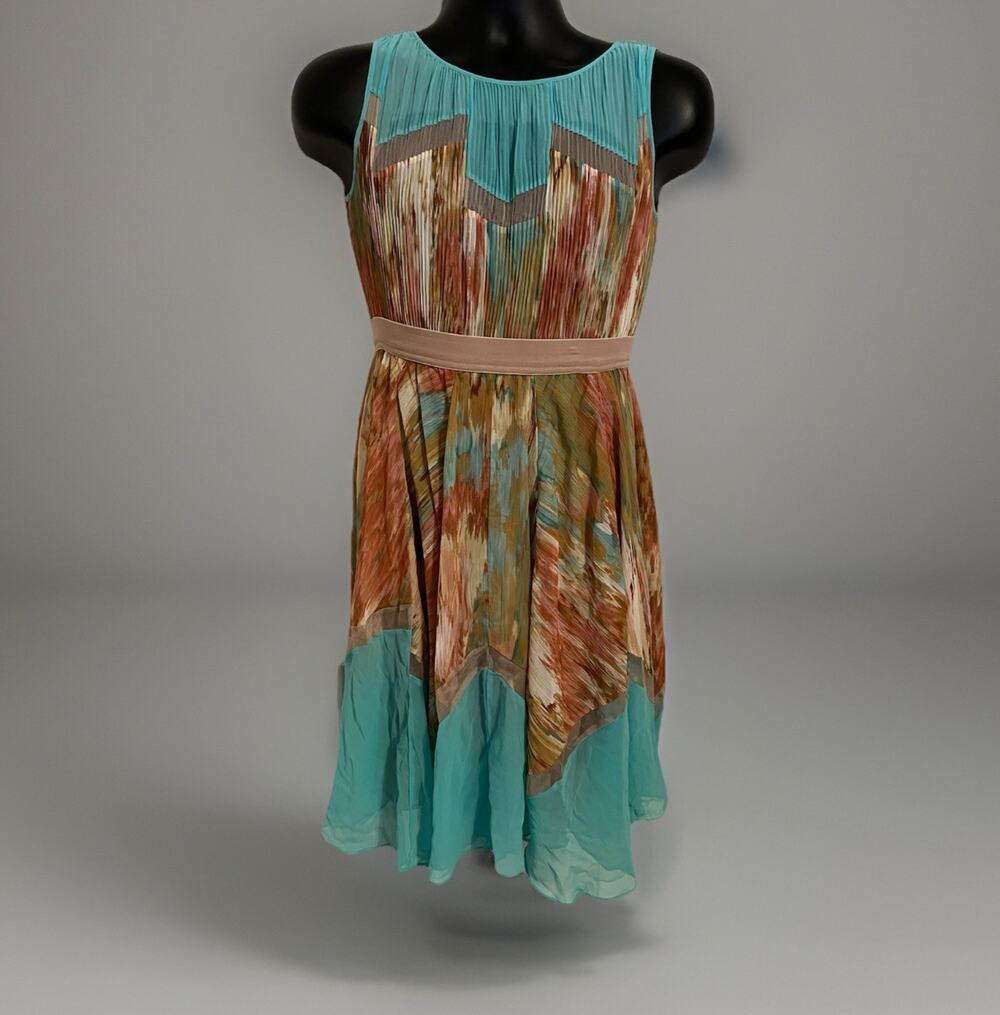 VTG Y2K BCBGMaxAzria Geometric Aztec Dress Flowy Watercolor Aqua Blue Fairy 90s
